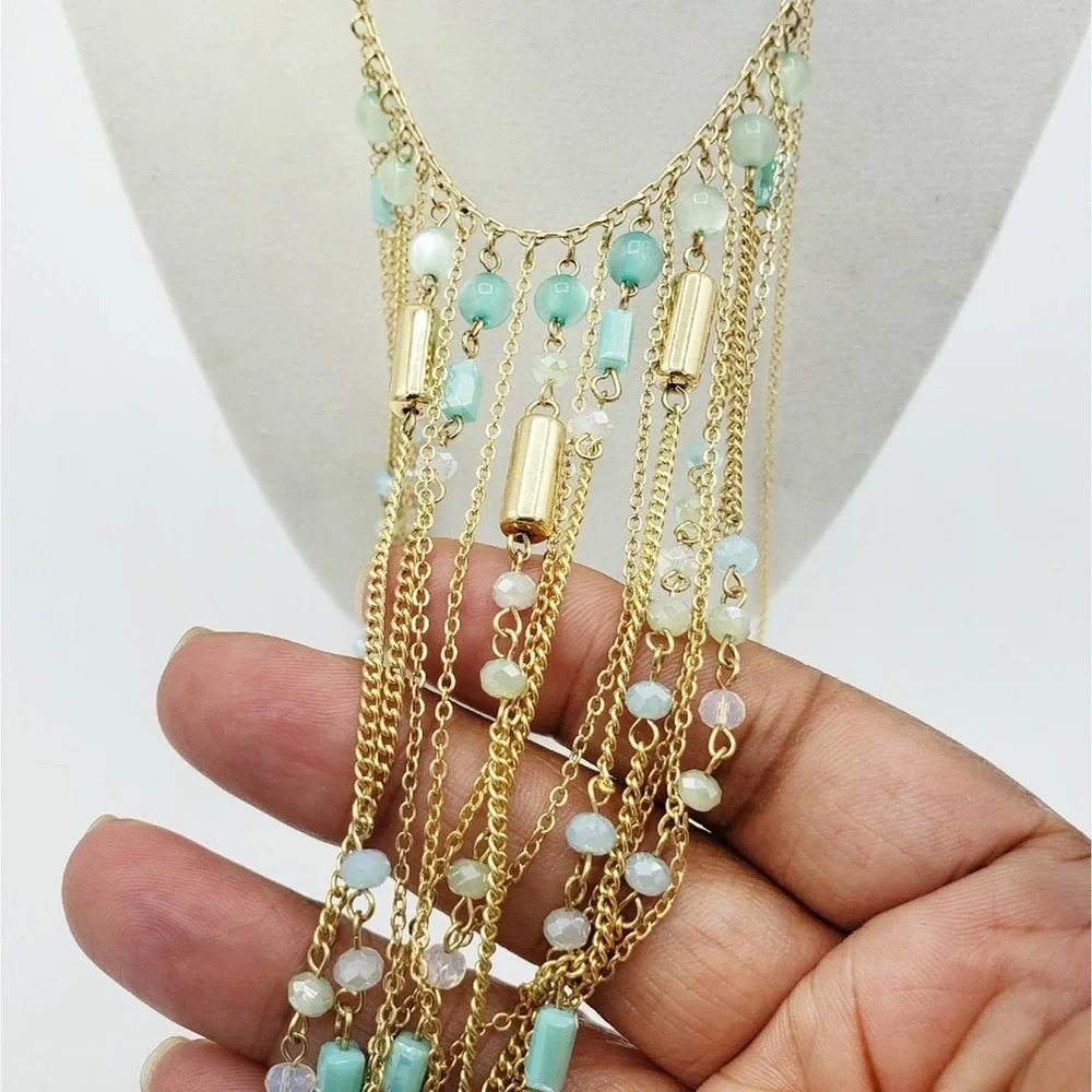 Fringe Waterfall Necklace Green Beads w/ Gold Tone Metal Sexy